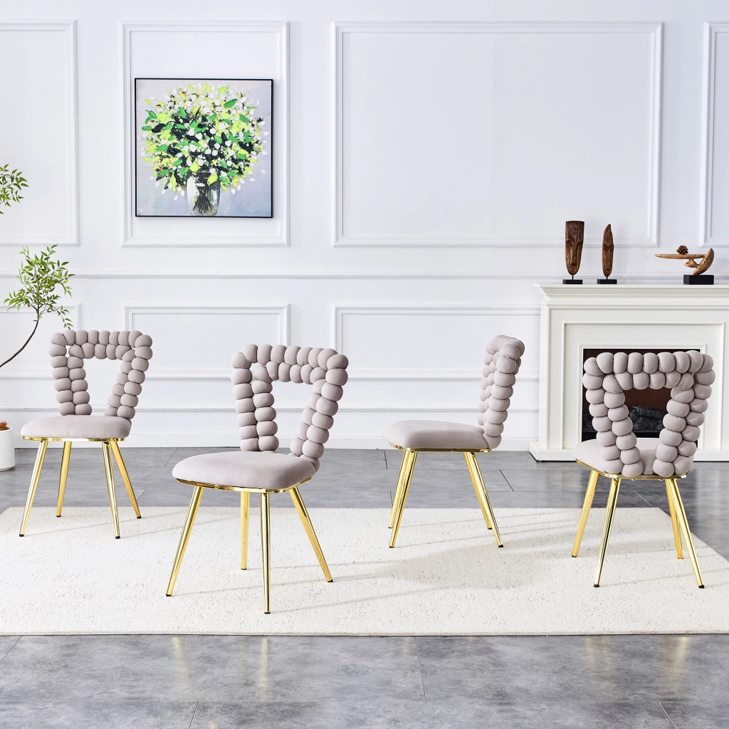 Sedia da pranzo 2 pezzi con schienale geometrico e gambe metalliche in velluto grigio chiaro