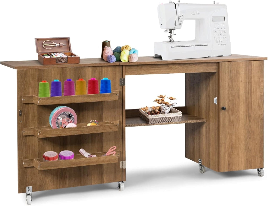 Tavolo Pieghevole da Cucito, Tavolo Versatile a Ribalta con Superficie Ampia, Scrivania per Computer con Ruote Bloccabili, Ideale per Salone Camera da Letto Studio (Naturale)