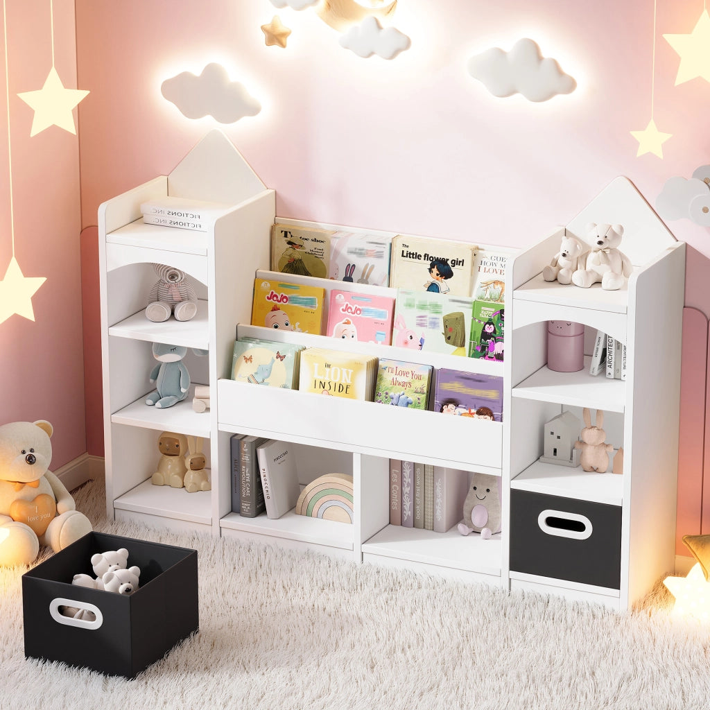 Libreria per bambini con 2 scatole pieghevoli, design a castello, bianco, MDF