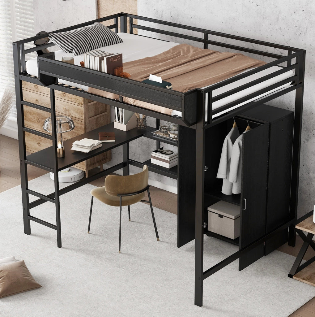 Letto a soppalco 140x200 cm con scrivania; armadio e ripiano; ferro e MDF; nero