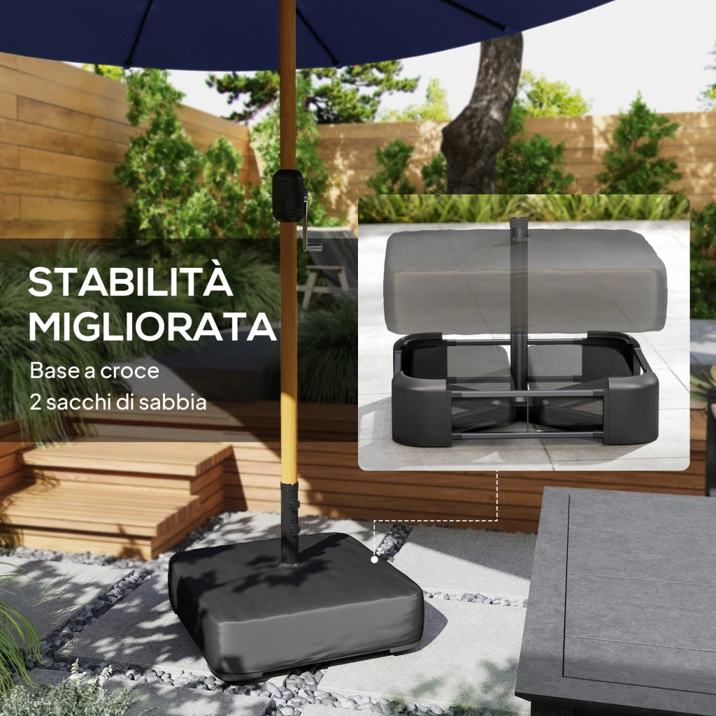 Ombrellone Doppio a 12 Stecche con Manovella, Base a Croce e Sacchi di Sabbia, 4.7x2.8 m, Blu Scuro