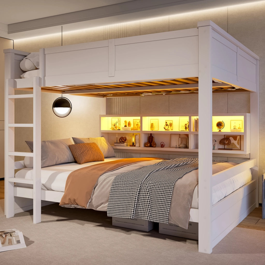 Letto a castello 160x200 cm con 6 vani contenitore e luce LED; bianco; in pino e MDF
