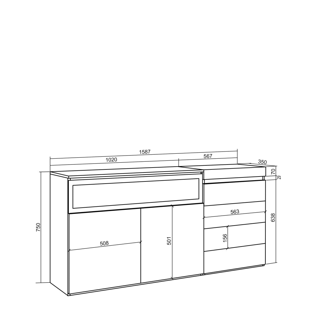 Credenza, 157x35x75cm, Camera da letto, Camino elettrico, Cassettiera, grigio cemento RF3406