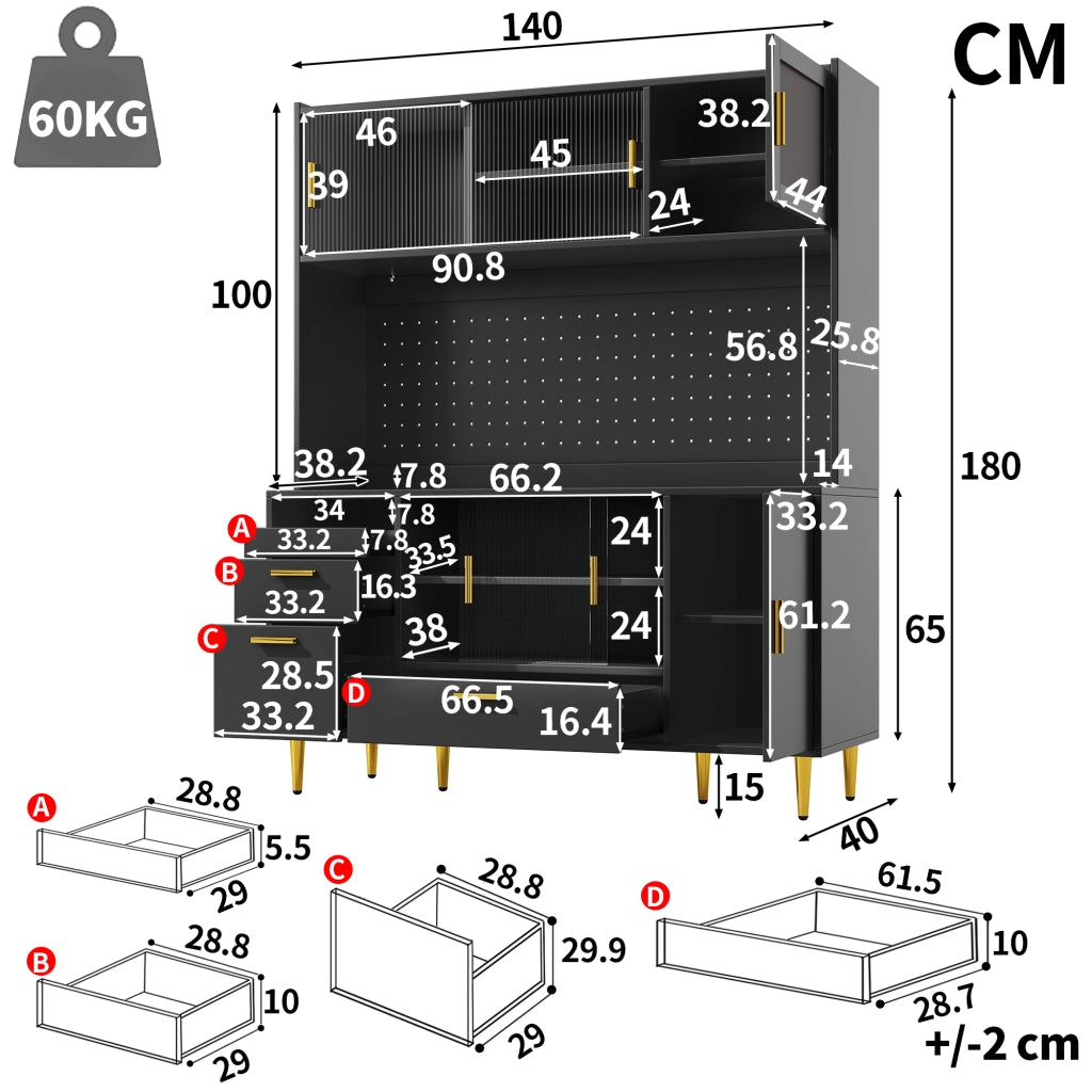 Credenza e madia con LED smart, vani aperti e cassetti, per cucina e sala da pranzo, nero, 140 × 40 × 180 cm