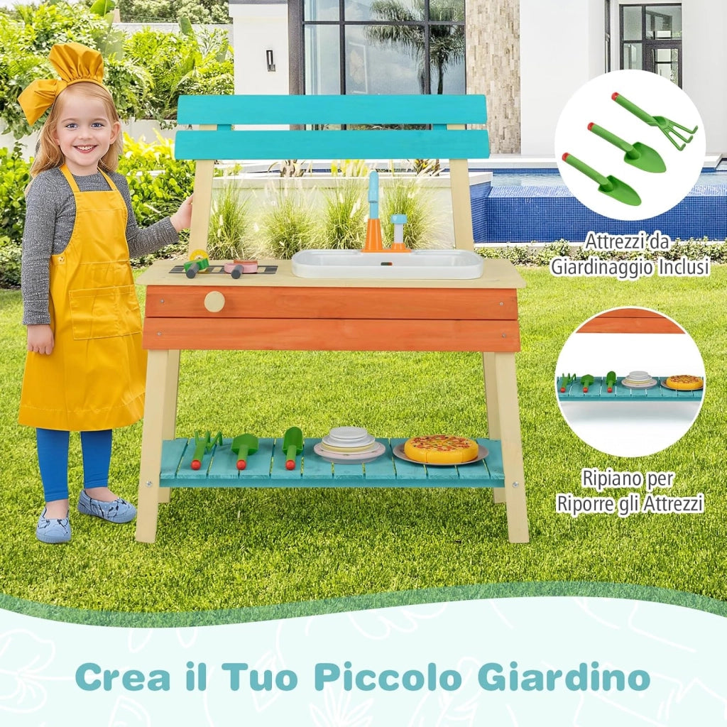 Cucina Giocattolo per Bambini, Cucinatta in Legno con Griglia, Manopola con Suoni, Cibo Giocattoloe e Lavello, Cucina di Fango Interattiva con Accessori da Giardinaggio, per Bambini 3-8 Anni