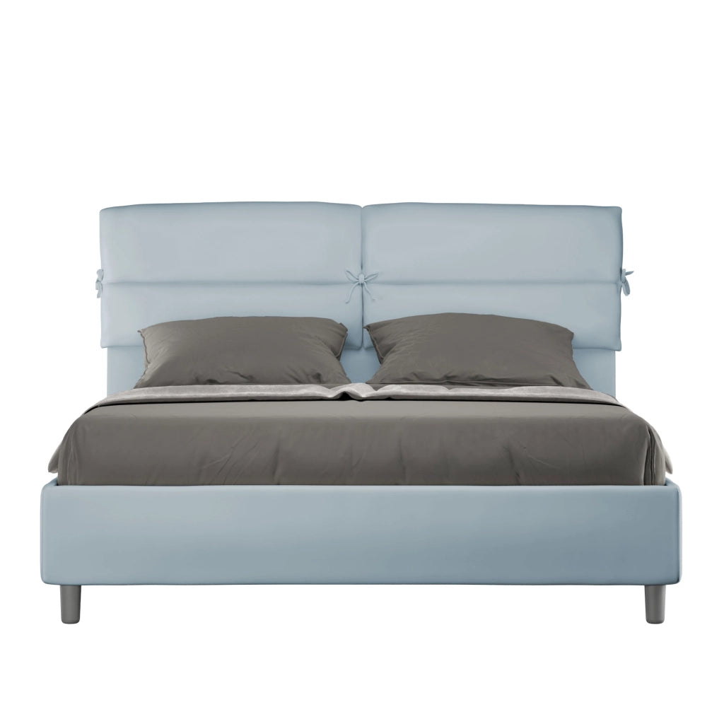 Letto Matrimoniale 160x190 cm con Rete e Contenitore con Testata e Alzata Comoda Imbottito in Microfibra Nandy Azzurro