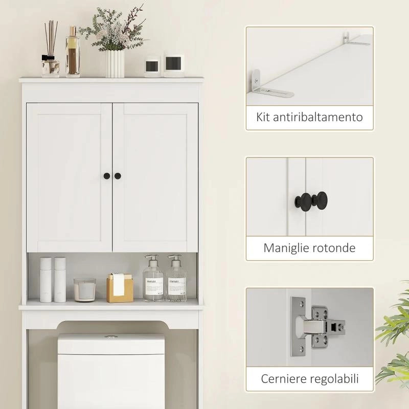 MOBILE SOPRA WC CON 3 MENSOLE CHIUSE E RIPIANO APERTO, IN LEGNO, 65X22X161 CM, BIANCO