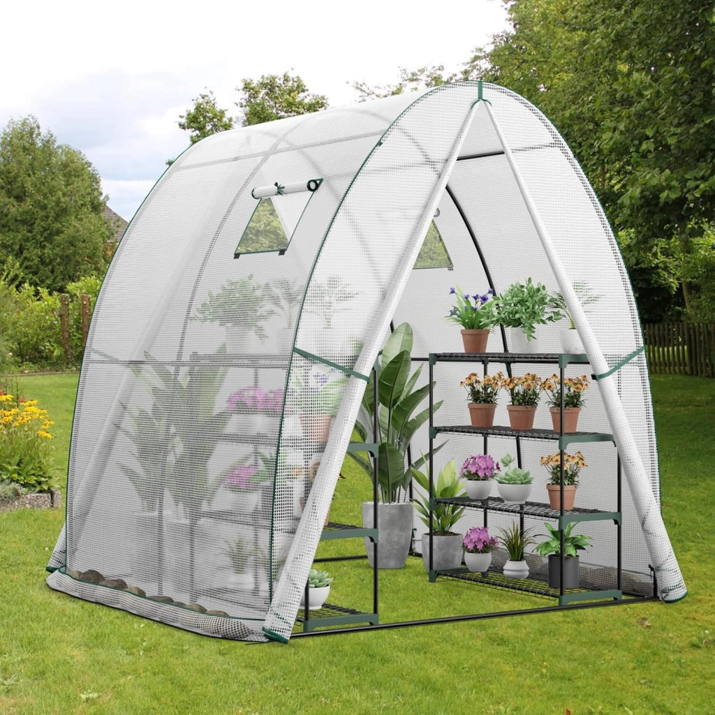 Serra da Giardino 181 x 181 x 200 CM, Serra a Tunnel da Esterno con 2 Porte con Zip, 2 Finestre, Copertura in PE Impermeabile e Tasche Laterali, Serra Invernale per Giardino (Bianco)