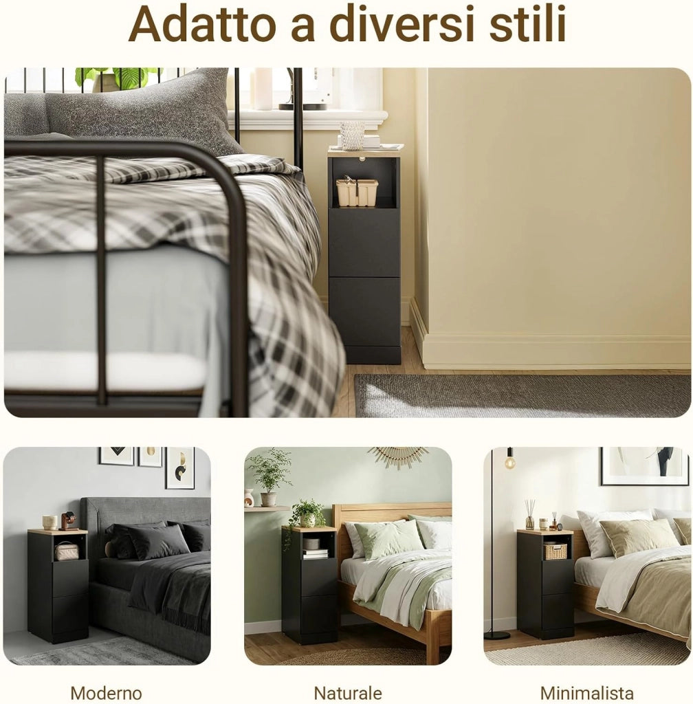 Comodino camera da letto 20 cm larghezza, Tavolino salotto con 2 cassetti & scomparto aperto per piccoli spazi, Comodino stretto per camera da letto soggiorno, 20x35x60 cm Nero, FBT149-SCH