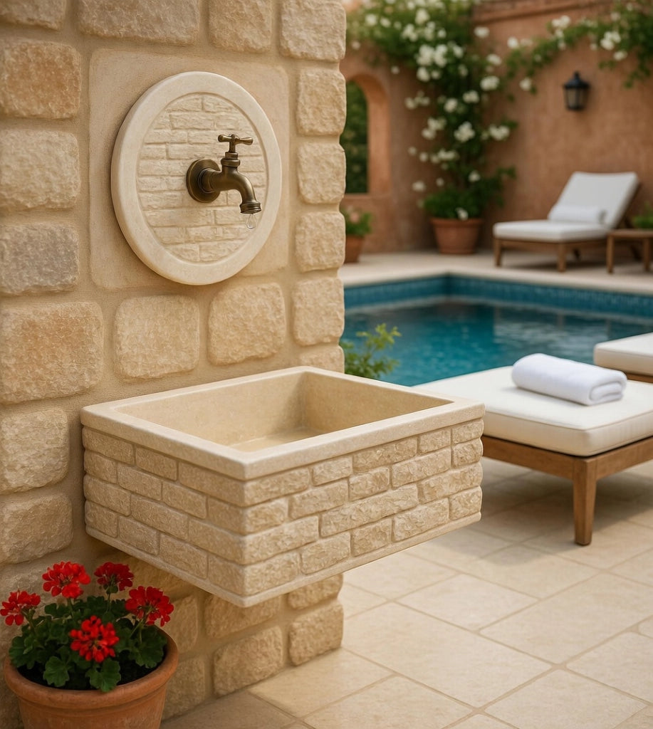 Lavello Rettangolare da Esterno 45x35 cm con Rosone Installazione a Muro in Cemento Mattone Faccia a Vista Meseta