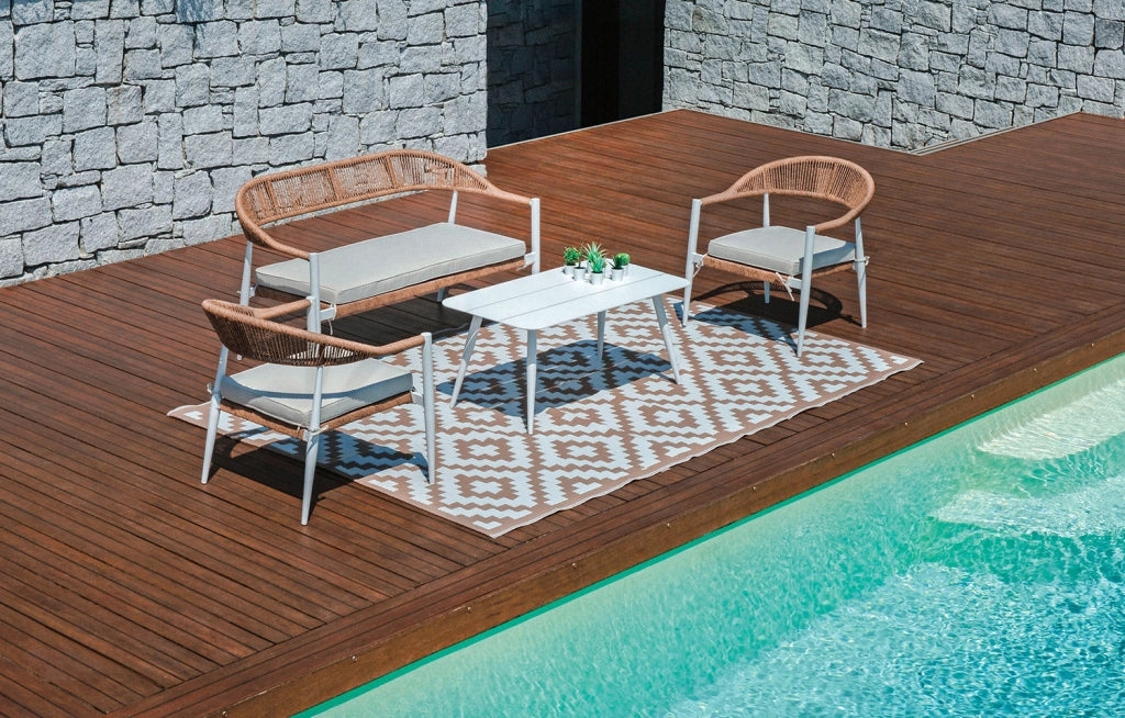 Set Salotto da Giardino Divano 2 Poltrone e Tavolino Milano In Alluminio Bianco con Cuscini Ecrù