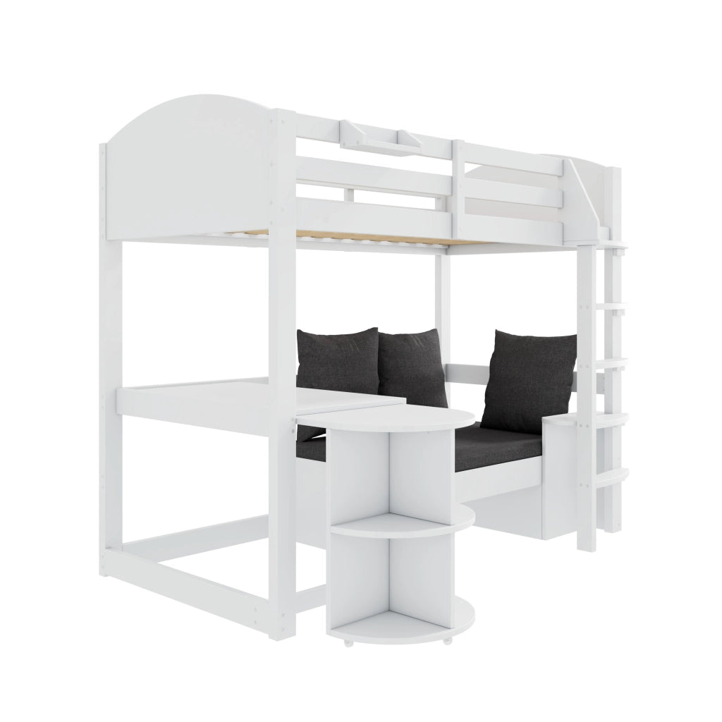 Letto a soppalco per bambini 90x200 cm in legno massiccio bianco, con scrivania estraibile, divano contenitore, scale e sponde