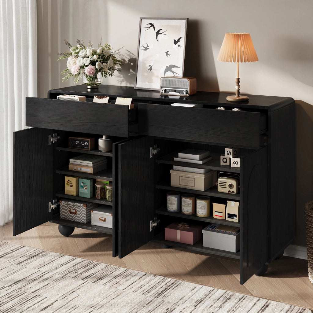 Credenza e madia con 2 cassetti, 4 ante e ripiani regolabili, in MDF e PB, per soggiorno, nero, 140 × 38 × 89 cm