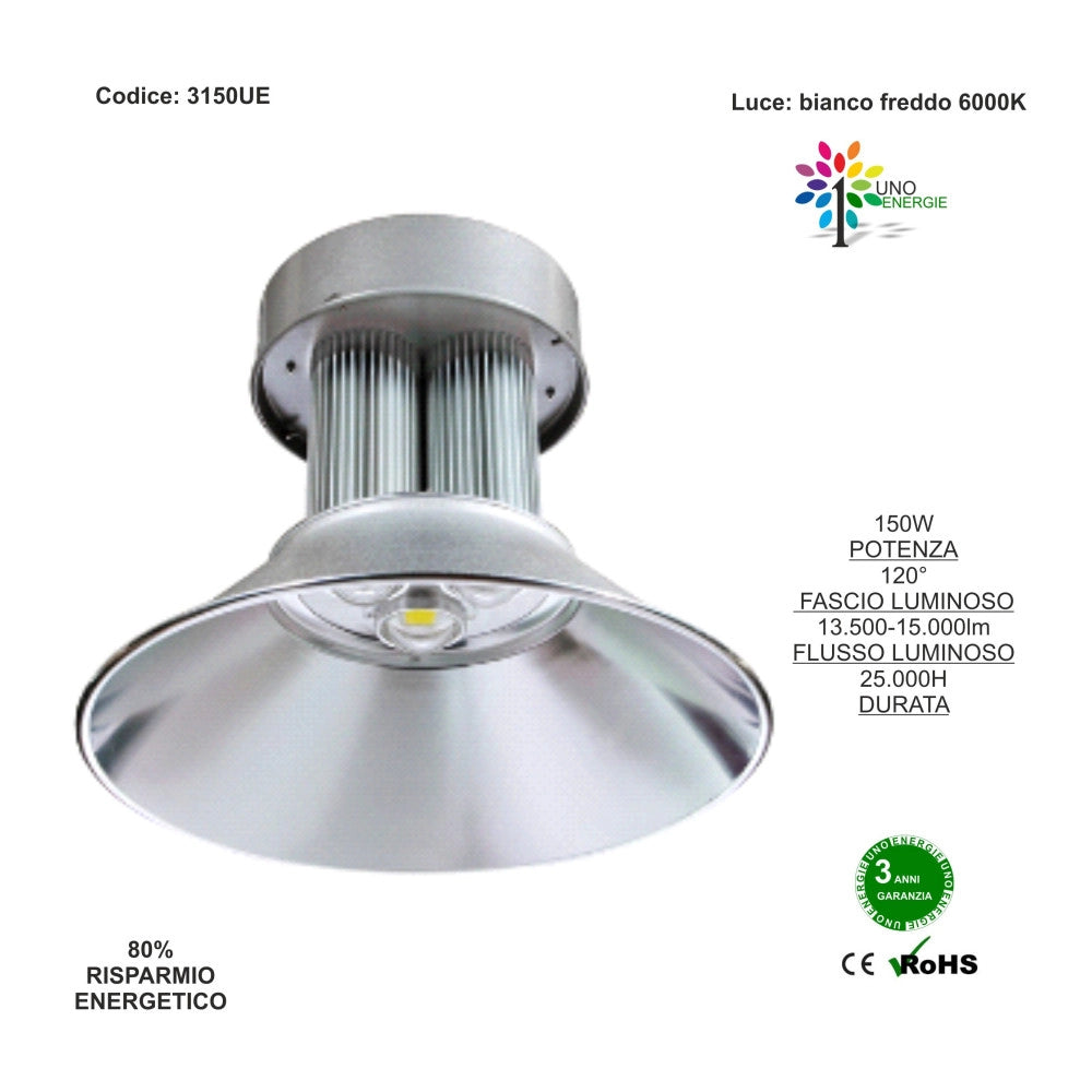 Trade Shop - Faro Proiettore Faretto Con Campana Industriale A Led 150watt Luce Bianco Freddo -