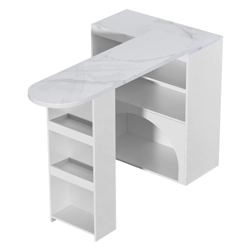Tavolo bar allungabile moderno bianco con piano effetto marmo, vano per animali domestici e ripiani aperti, 120(+80)×40×100 cm