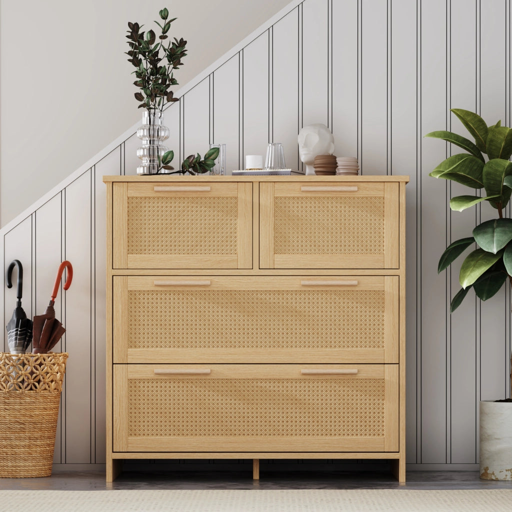Cassettiera naturale con 4 cassetti in rattan, 80 x 80 x 38 cm