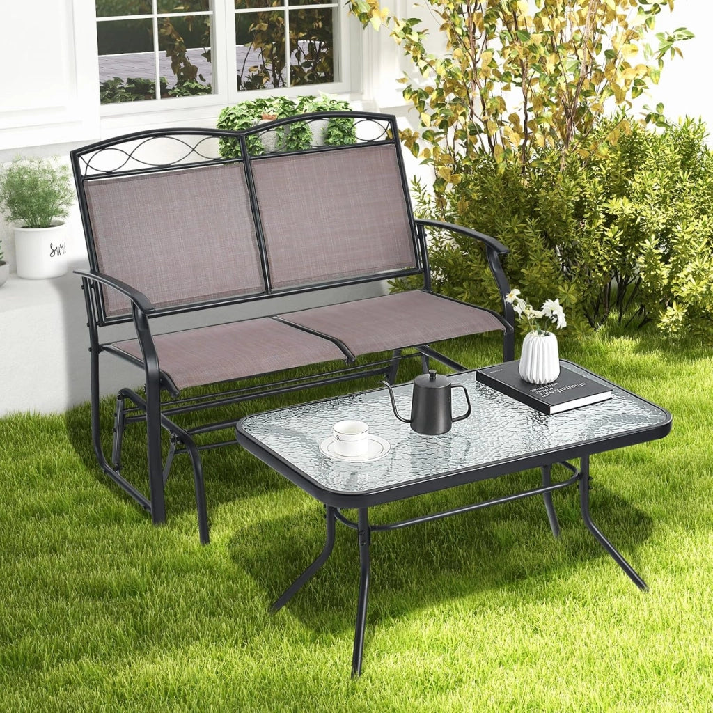 Panca a dondolo da giardino a 2 posti, con tavolino da caffè, altalena da giardino, in metallo e textilene, set da 2 mobili da giardino, set da giardino