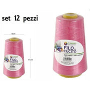 Trade Shop - Set 12 Pz Filati A Cono Filo Poliestere Cucito 3000y 40s/2 Rosa Gomitolo Cotone -