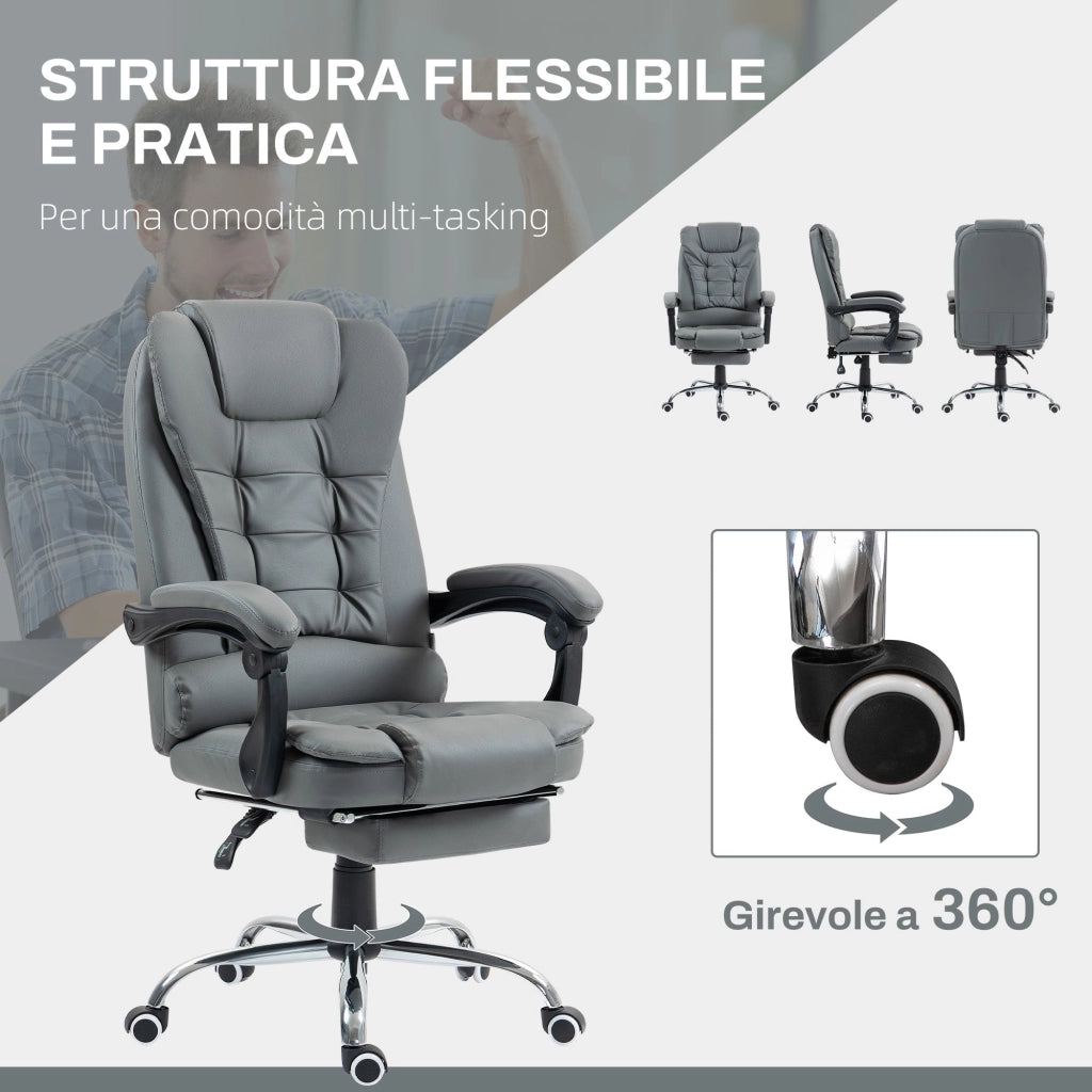 Sedia Poltrona Operativa da Ufficio Reclinabile 145° con Poggiapiedi Estraibile in Finta Pelle Grigio