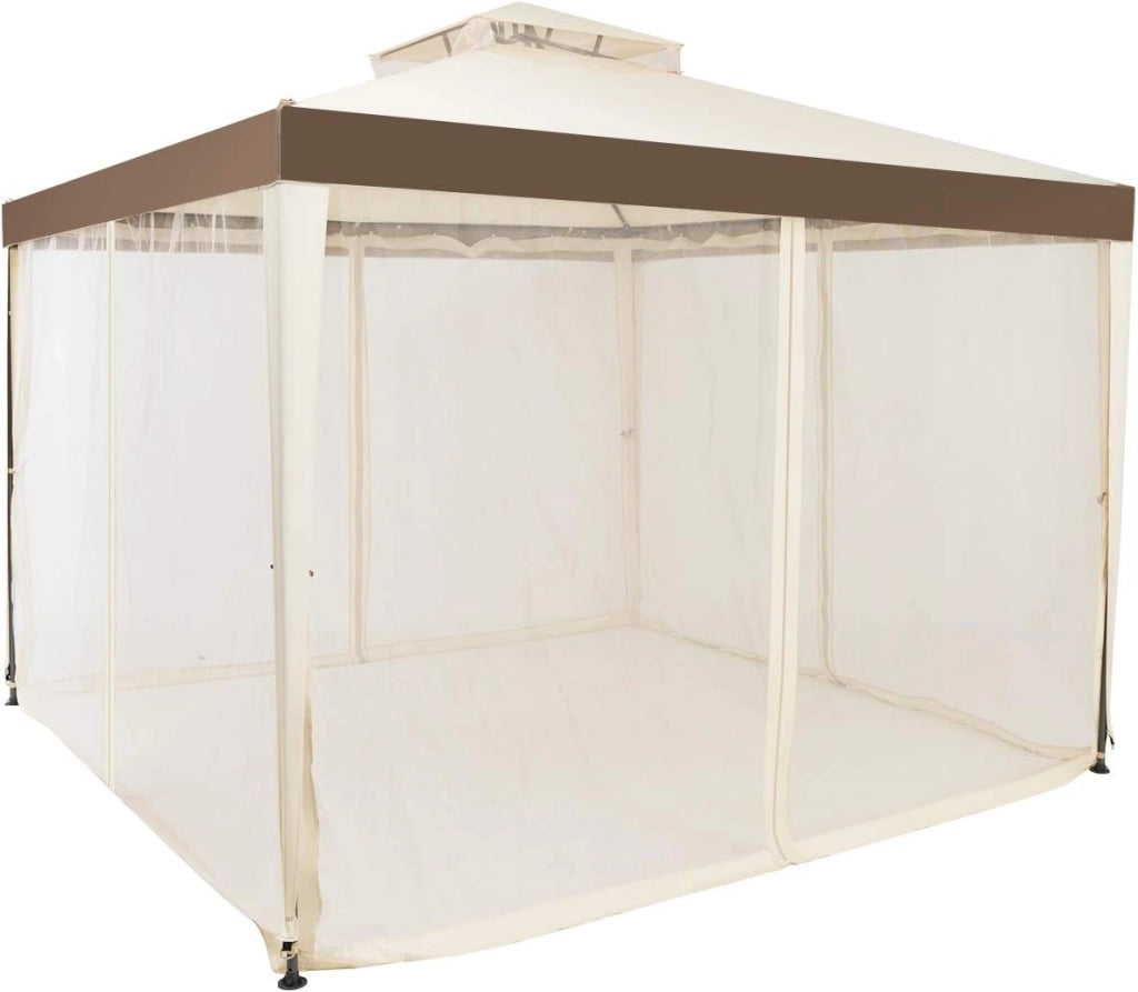 Gazebo da 3 x 3 m, con Doppio Tetto, Tenda da Giardino con Tenda e Pannelli Laterali e Rete, in Metallo, Tenda Gazebo da Esterno Impermeabile e Stabile, Beige