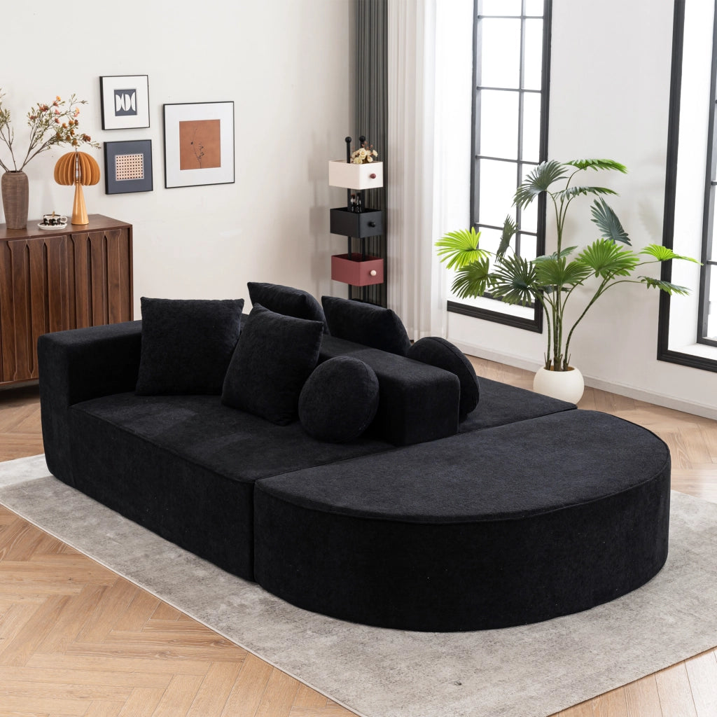 Divano modulare convertibile componibile senza montaggio con cuscini per salotto in tessuto chenille nero
