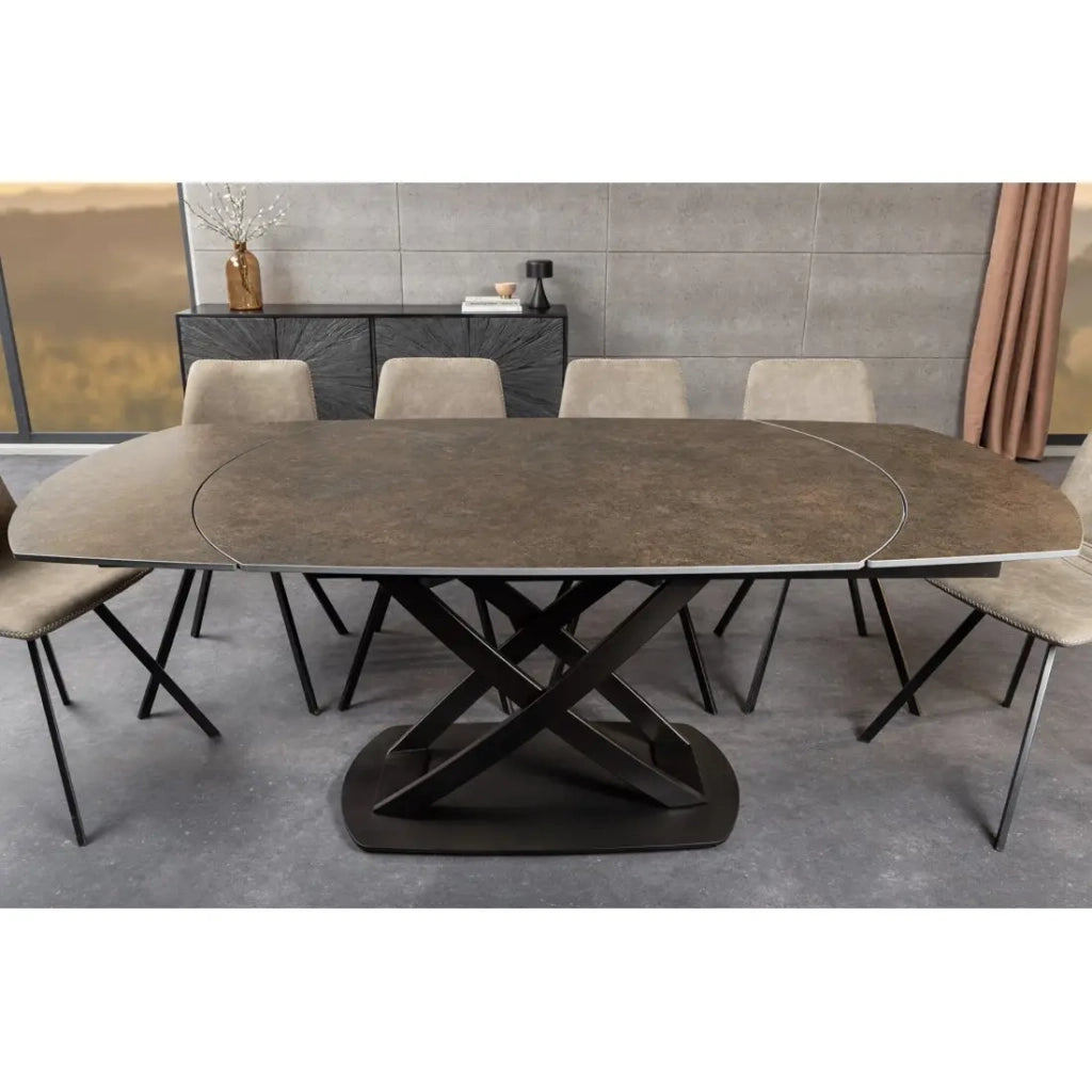 Table ATONIA – Allungabile ovale 130 a 190 cm – Piano in ceramica effetto marmo bronzo – Gambe in metallo – Stile moderno