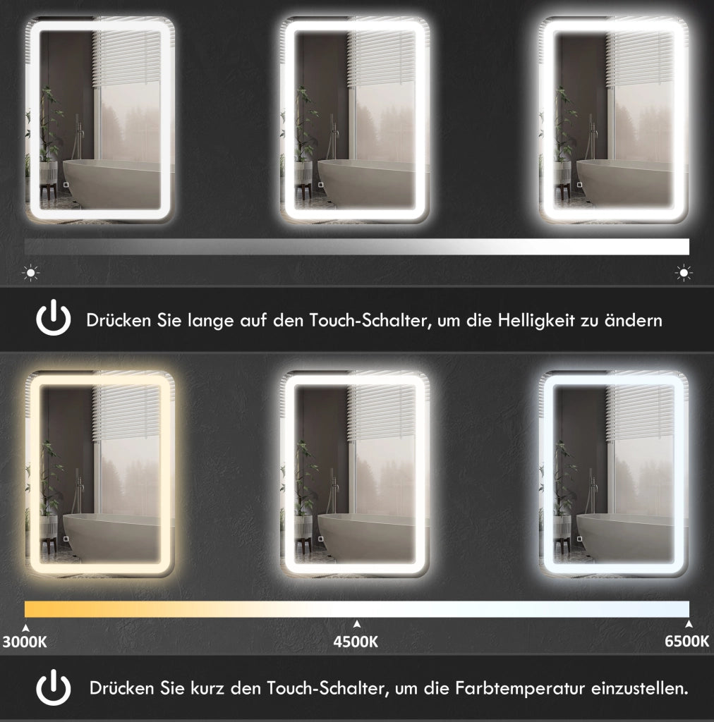 Specchio da bagno LED 50 x 70 cm con comando tattile e antiappannamento