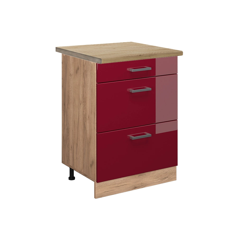 Vicco Mobiletto base per cucina Rosso lucido 60 cm con cassetti, PL Rovere