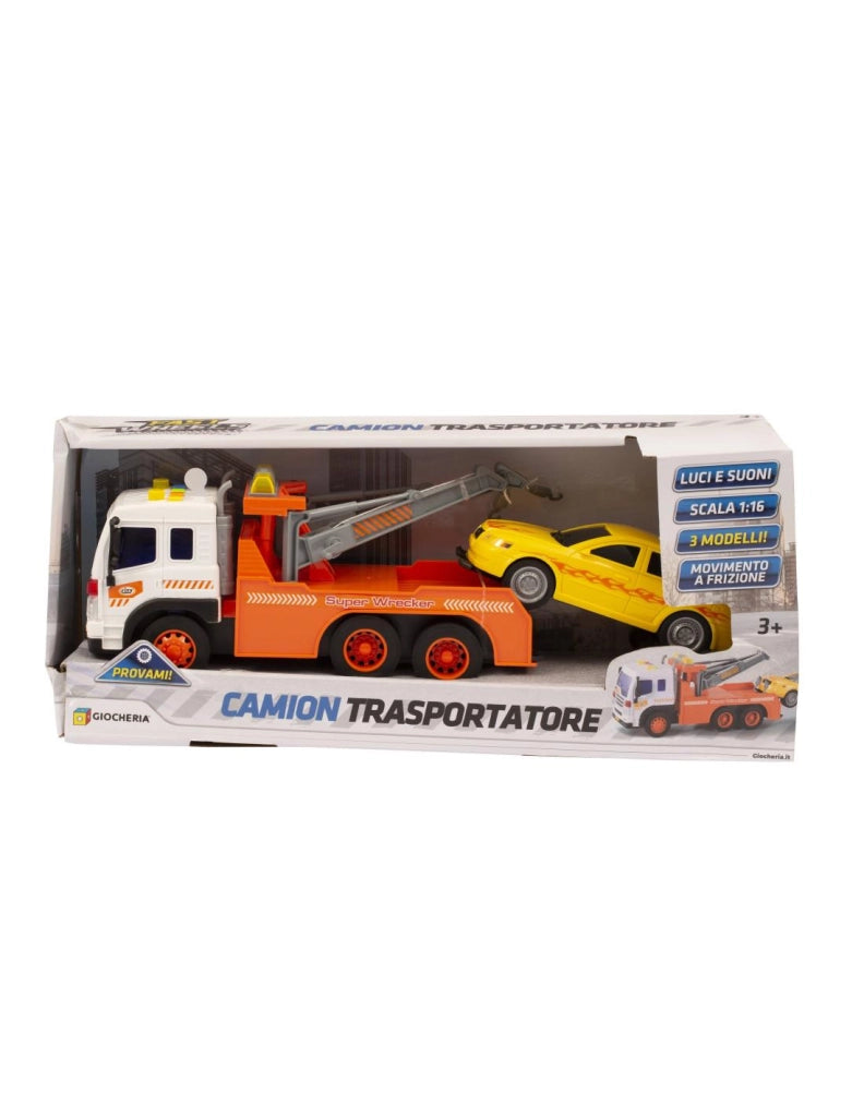 Camion Trasportatore con auto,luci e suoni,movimento a frizione 1:16,Giocheria,Eta3+