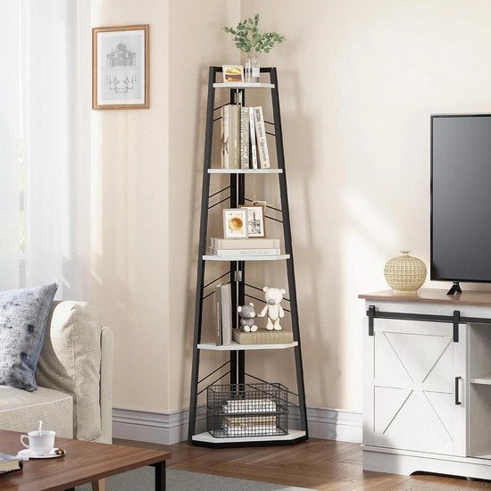 Pannello angolare 5 livelli in legno industriale - scala a muro moderna - scaffalatura aperta per salotto e home office