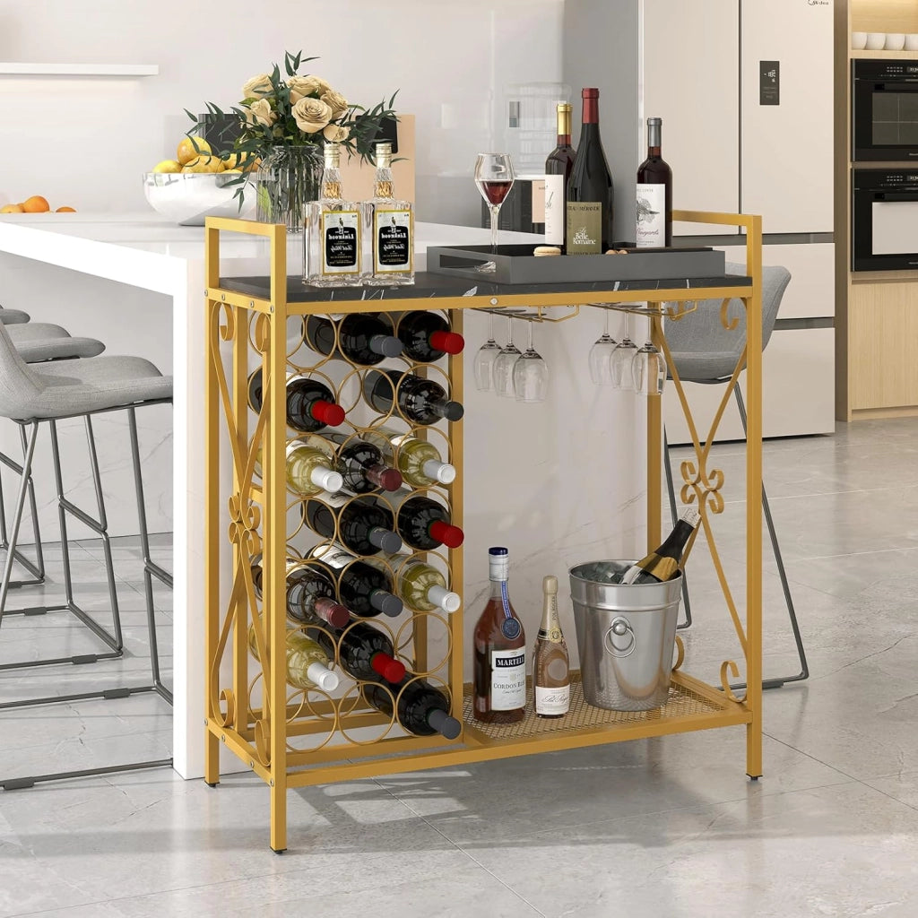 Portabottiglie da Terra per 21 Bottiglie, Portabottiglie da Vino con Supporto per Bicchieri, Piano in Legno e Mensola per Stoccaggio, Struttura Metallica，per Cucina e Bar (Nero)