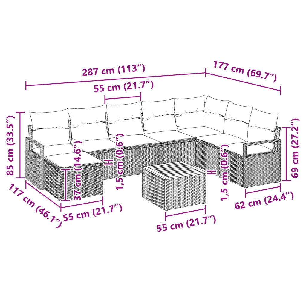 Set divano da giardino  9 pezzi con cuscini Rattan polimerico beige Acacia