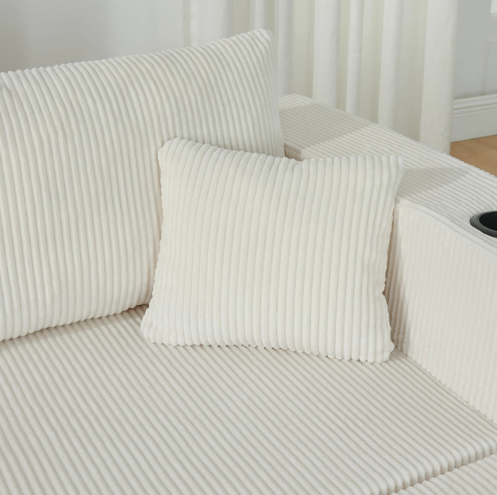Divano angolare modulare a 3 posti con pouf mobili; tessuto a coste beige