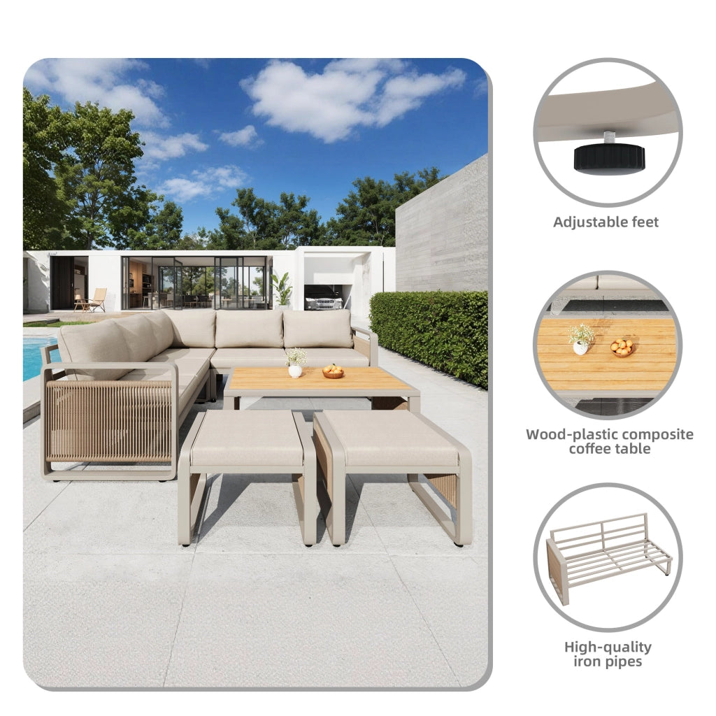Set Divano da Giardino Angolare 6-7 Posti in Ferro ¨C Xylo ¨C Beige, Cuscini Inclusi