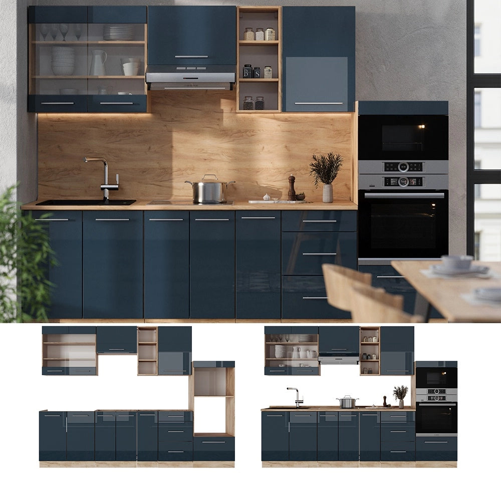 Cucina componibile Fame-Line Blu scuro lucido/Rovere dorato 280 cm, PL Antracite Vicco