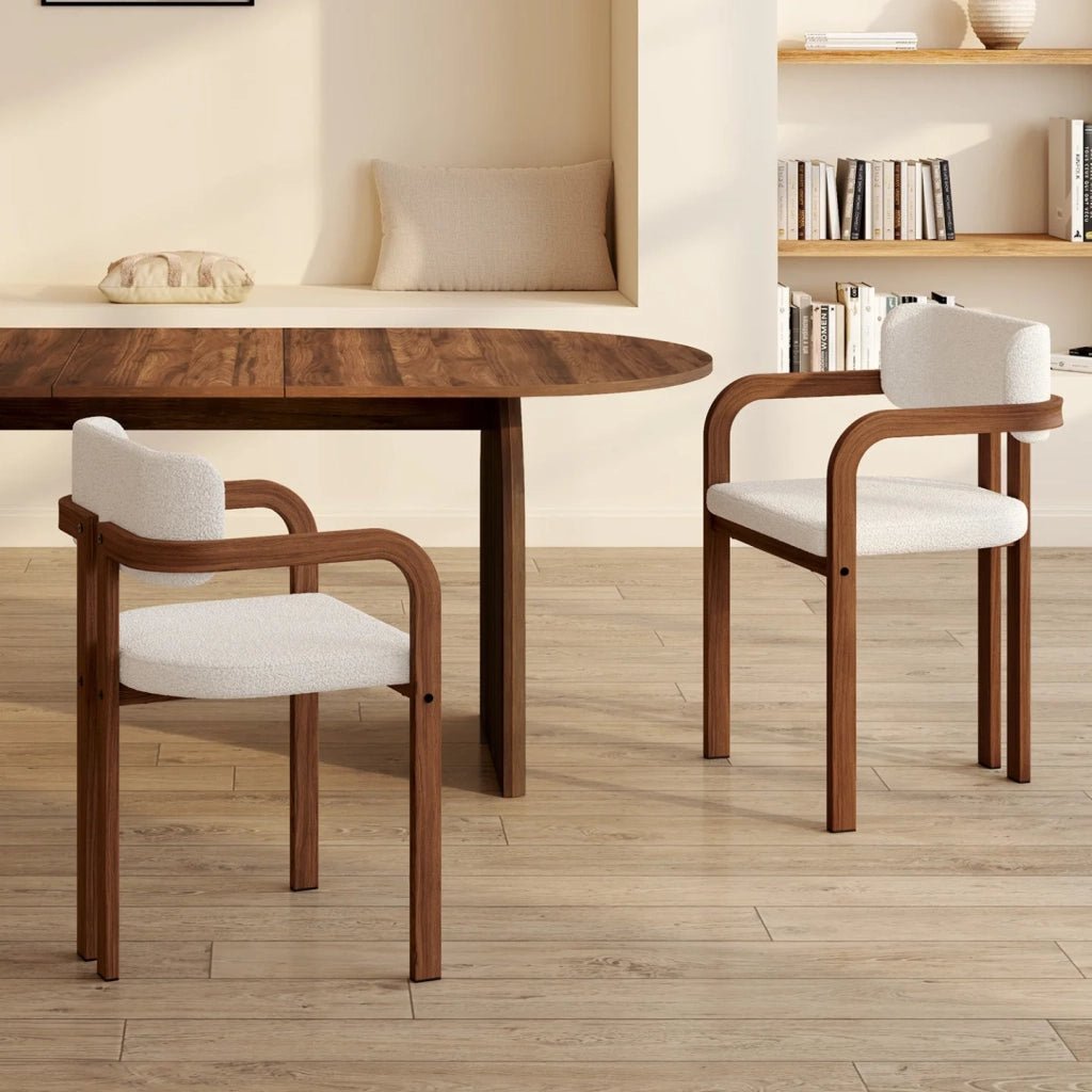 IDMarket - Set di 2 sedie da pranzo e poltrone da tavolo ESMA in metallo effetto noce e tessuto bouclette con braccioli