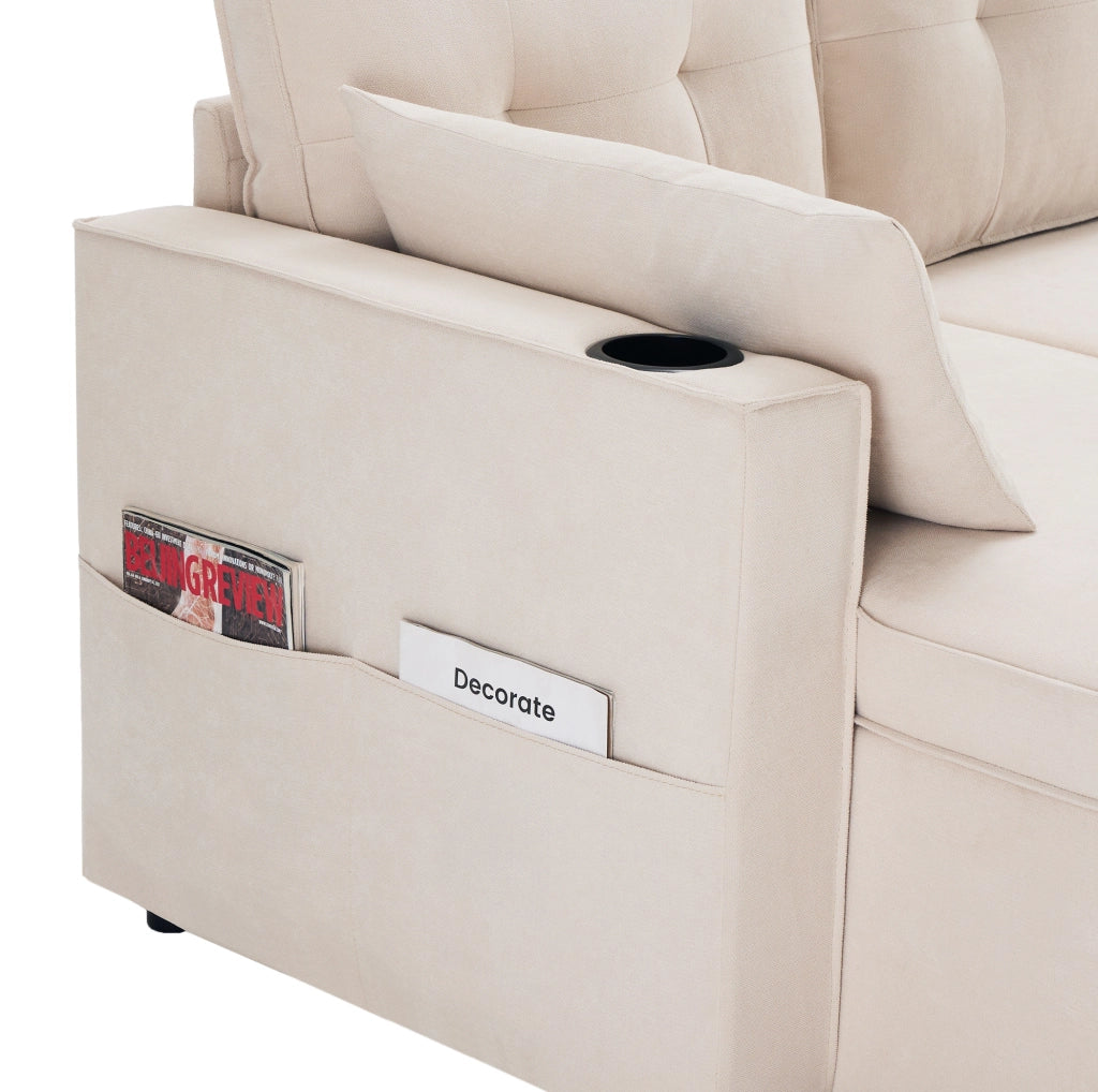 Divano letto a U con contenitori; portabicchieri e 2 cuscini; 270x130x86 cm; beige effetto lino