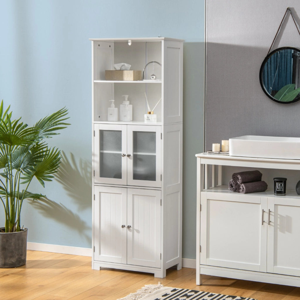Armadio 163cm con 2 armadietti scomparti aperti ripiani regolabili ante in vetro-Buffet Organizzatore da pavimento Bianco