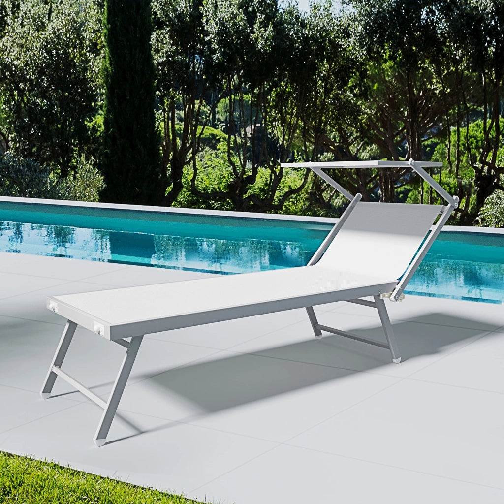 Lettino Sdraio Prendisole Professionale Richiudibile In Alluminio E Textilene con Tettino Parasole Orientabile Lettino Relax Mare Spiaggia Piscina Giardino Solarium 182 x 60 x 38 Cm Bianco
