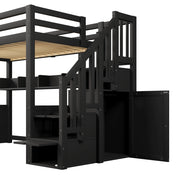 Letto a soppalco nero 90x200 con scale contenitore, armadio e luci LED