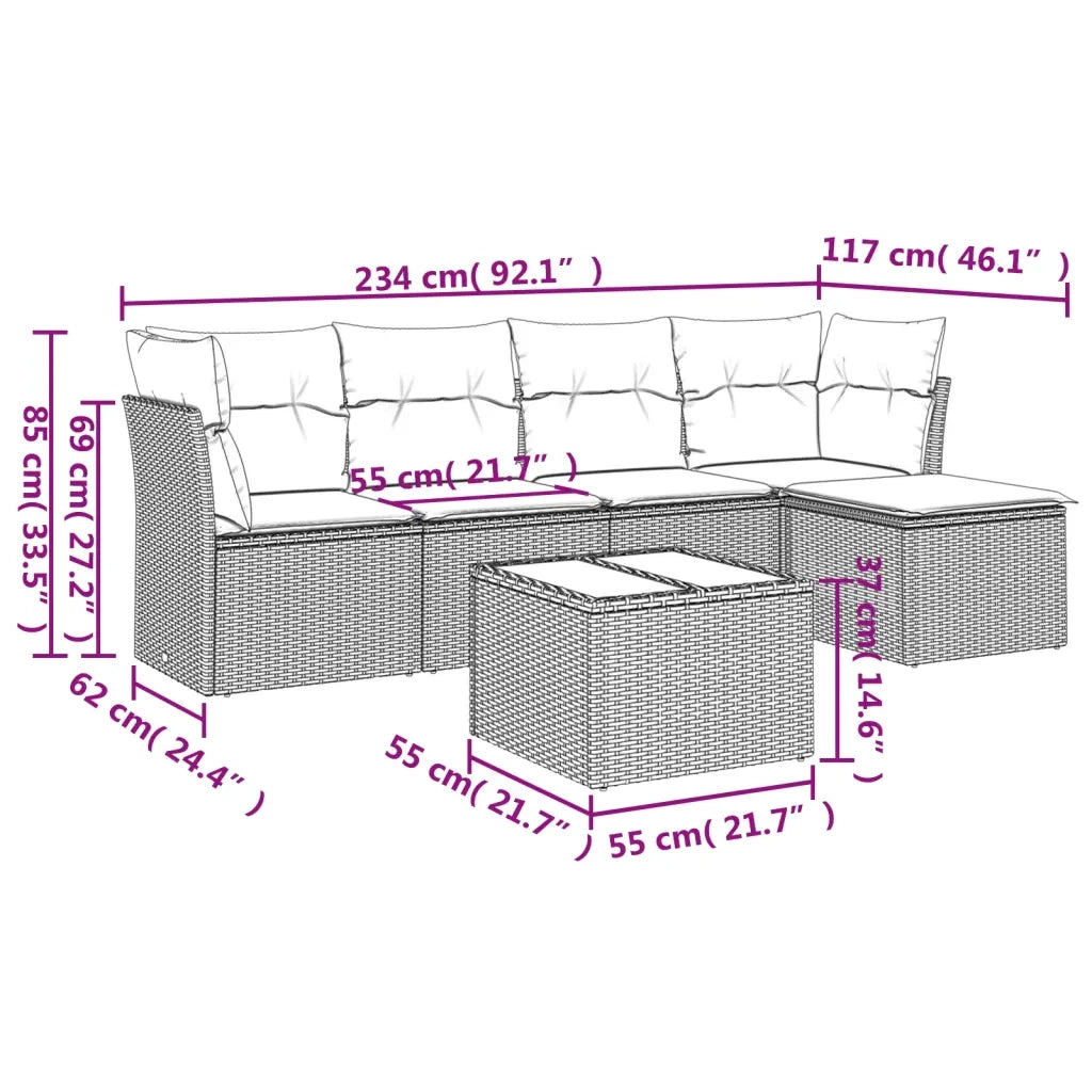 Set Divano da Giardino 6 pz con Cuscini Nero in Polyrattan 3217565