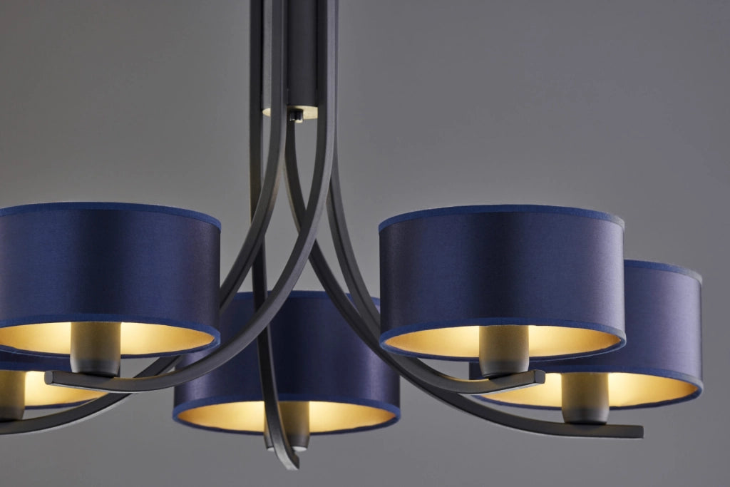 Lampadario nero a catena 5xE27 paralumi blu Jupiter