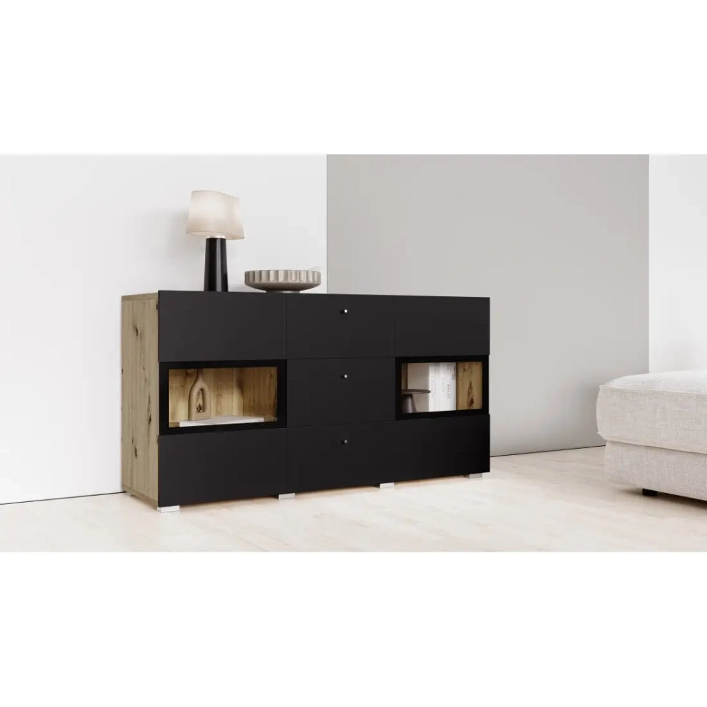 Buffet RAMOS 130 cm – Rovere e nero opaco super – LED multicolore integrate – 2 porte in vetro + 3 cassetti