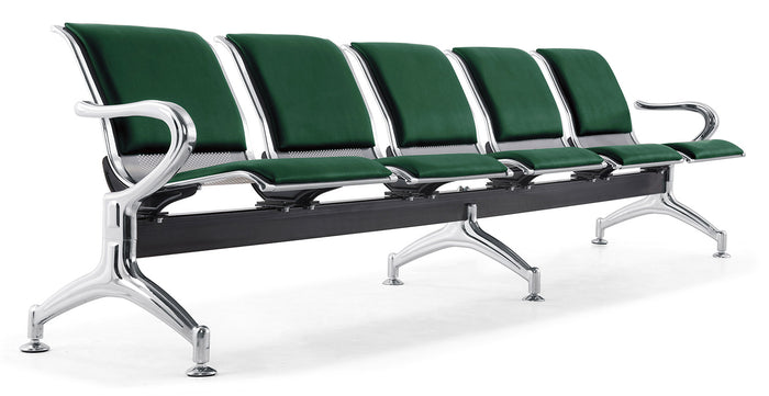 Panca per Sala Attesa 5 Posti da Ufficio con Cuscino in Acciaio e Similpelle Argento/Verde bosco