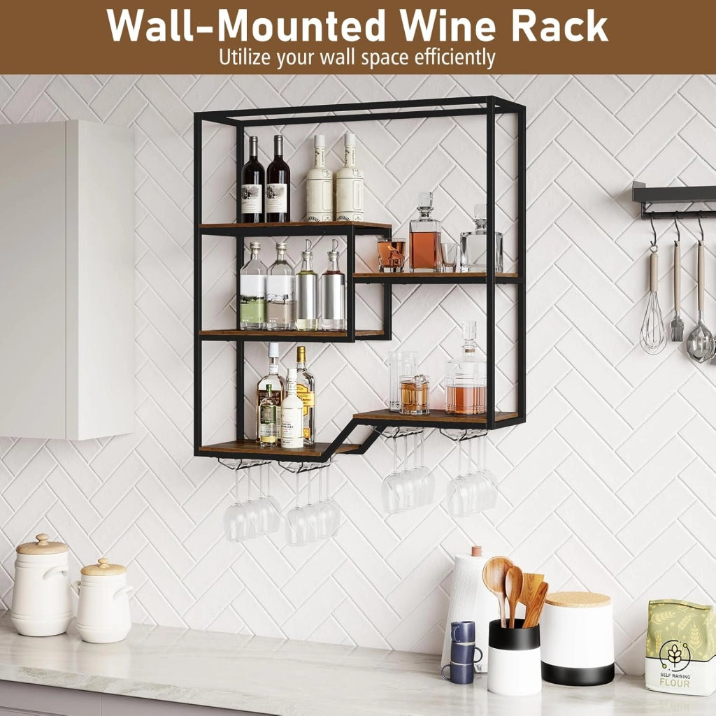 Scaffale per bottiglie di vino da parete, a 6 livelli, con 4 supporti in vetro e robusto telaio in metallo, per casa, bar, cucina, sala da pranzo e soggiorno