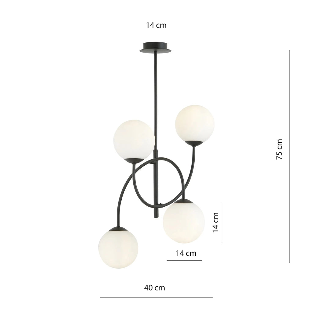 Plafoniera Moderna Utu 4 Luci In Acciaio Nero E Vetro Bianco