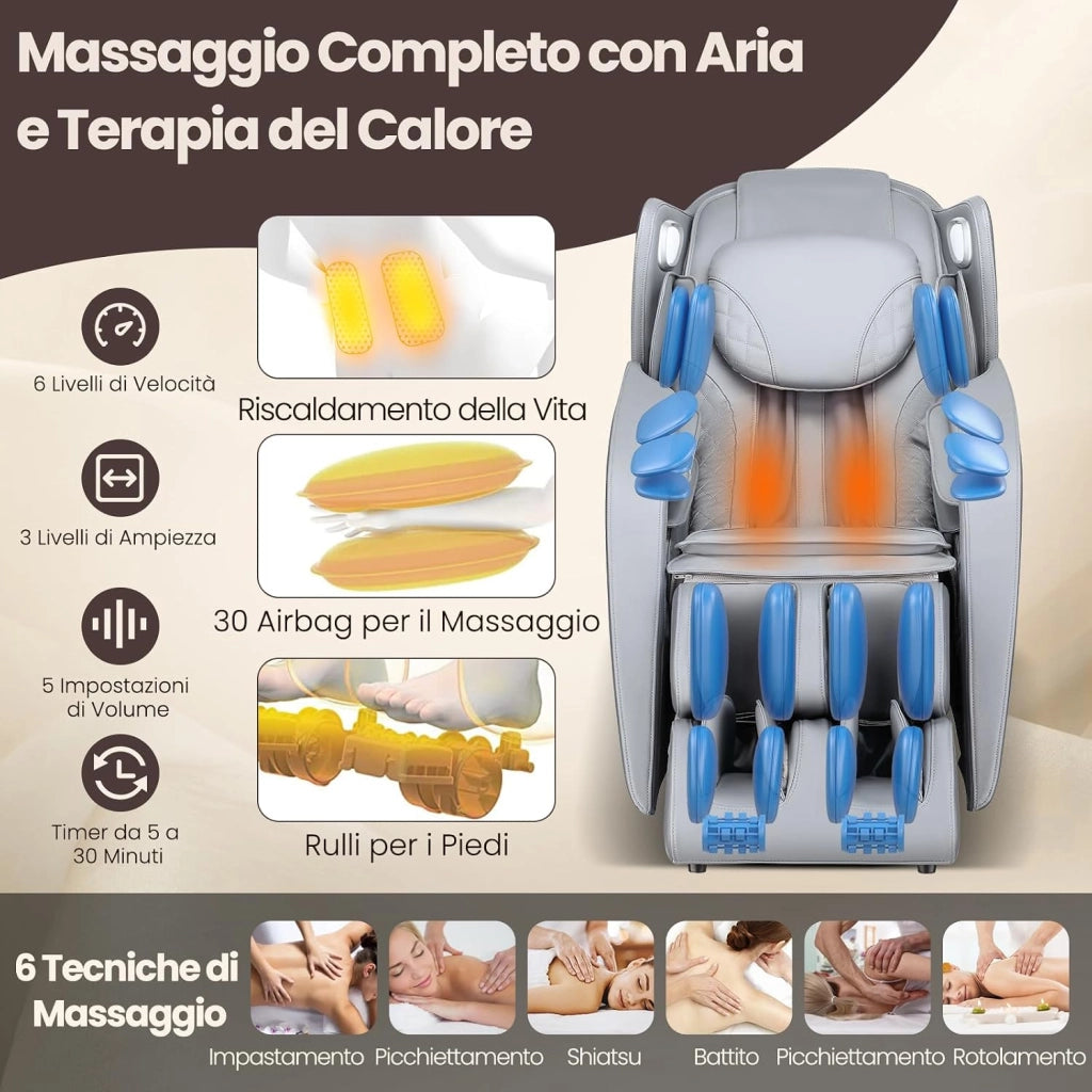 Poltrona Massaggiante, Sedia da Massaggio con 12 Modalità, 6 Tecniche di Massaggio, Stretch Thailandese e Guida SL, Poltrona Relax con Telecomando per Tutto il Corpo (Grigio)