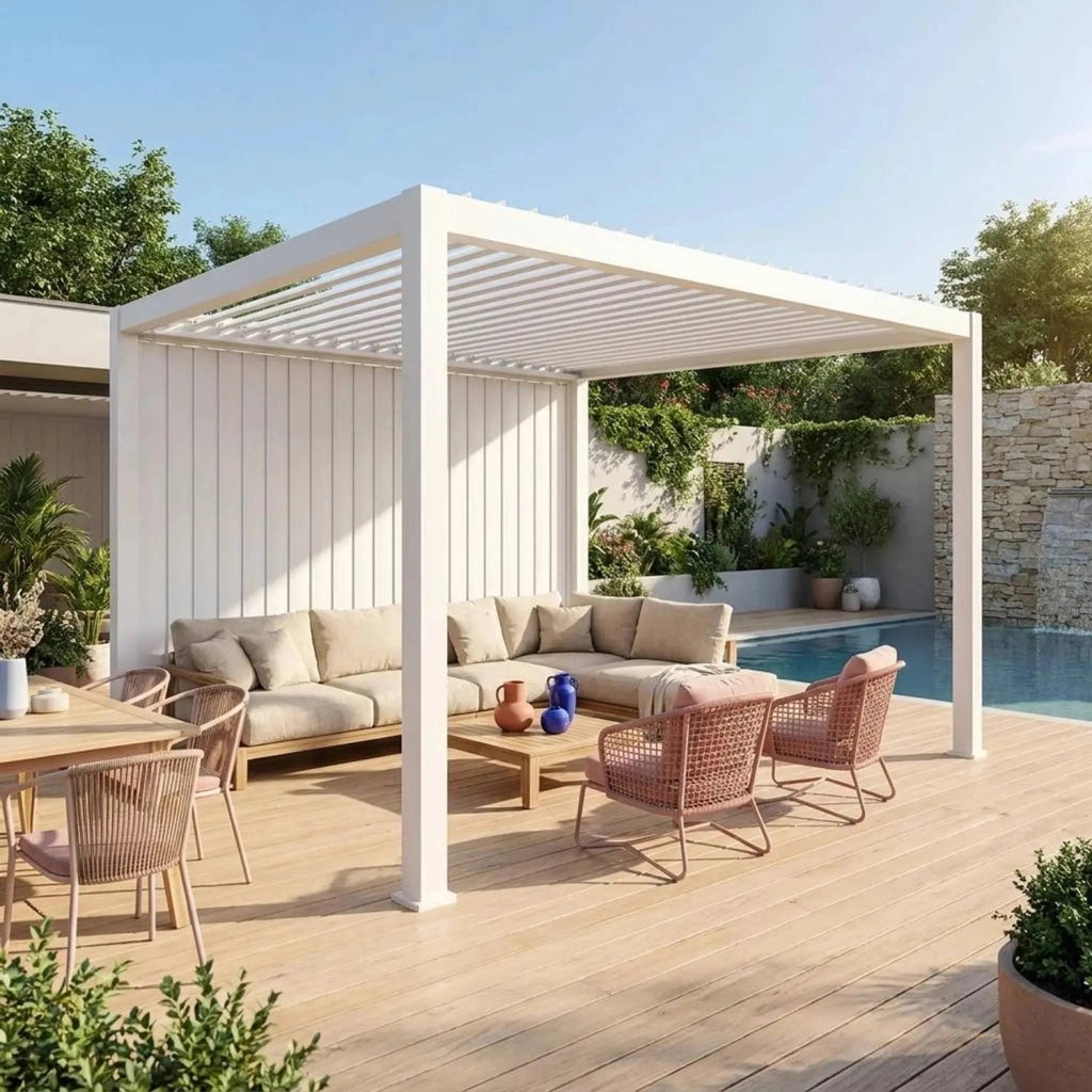 Pergola bioclimatica 3x4m in alluminio + pannello verticale 4m, bianco
