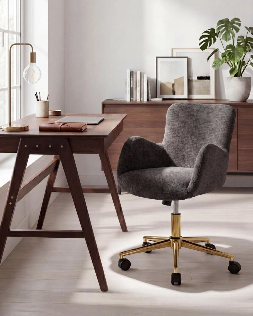 Sedia da ufficio per casa, rivestimento in ciniglia, base girevole in ferro dorato, regolazione dell'altezza, schienale reclinabile, braccioli, colore grigio scuro