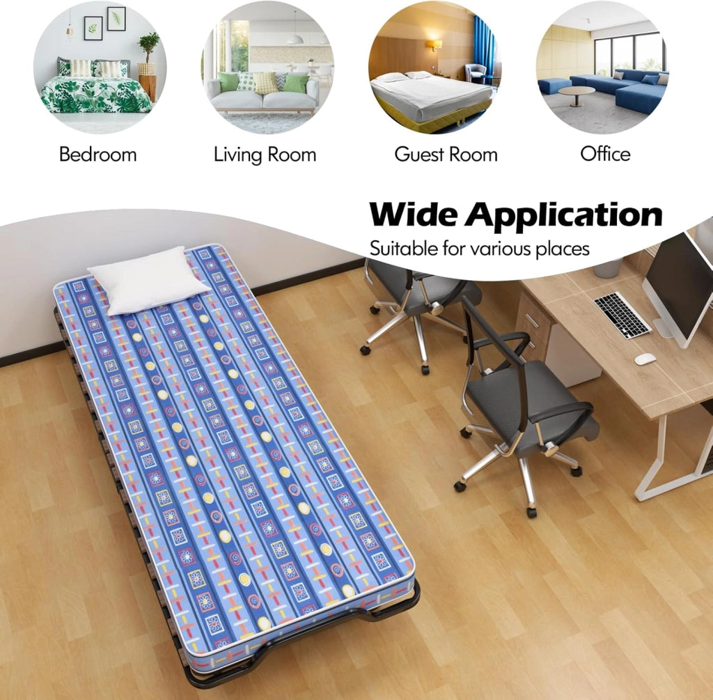 Letto per gli ospiti pieghevole, 80 x 200 cm, per adulti, letto da viaggio con materasso in memory foam, letto singolo, 4 ruote, pieghevole in metallo, portata fino a 120 kg (blu)